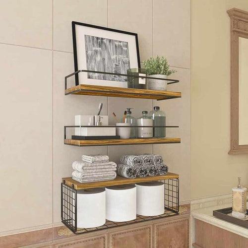 Wall Mounted Floating Storage Rack Bathroom Shelf Over Toilet Wooden Shelves Bedroom Living Room Kitchen Wall Decoration