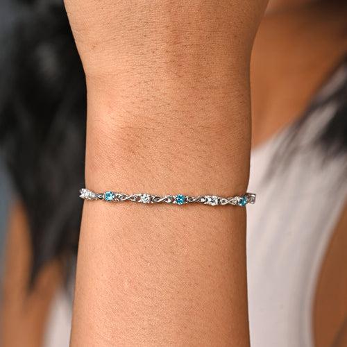 CLARA 925 Pure Silver Blue Infinity Hand Bracelet Adjustable, Anti Tarnish, Swiss Zirconia Gift for Women and Girls