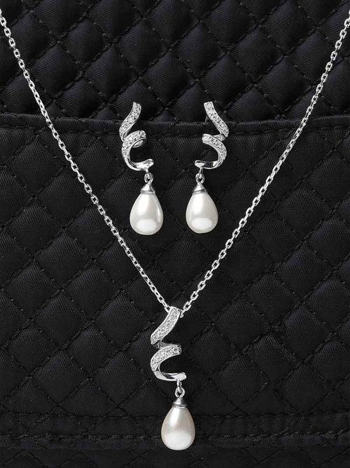 Clara 925 Sterling Silver Pearl Twist Pendant Earring Chain Jewellery Set, Rhodium Plated, Swiss Zirconia, Gift for Women & Girls