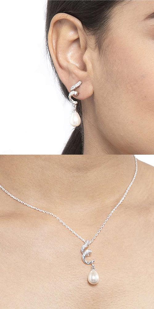 Clara 925 Sterling Silver Pearl Twist Pendant Earring Chain Jewellery Set, Rhodium Plated, Swiss Zirconia, Gift for Women & Girls