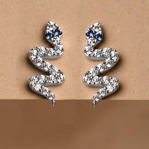 CLARA 925 Sterling Silver Snake small Studs Earrings Rhodium Plated, Swiss Zirconia Gift for Women & Girls