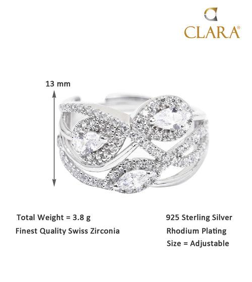 CLARA Pure 925 Sterling Silver Cocktail Finger Ring with Adjustable Band Gift for Women Girls Wife Girlfriend Swiss Zircon Rhodium Plated