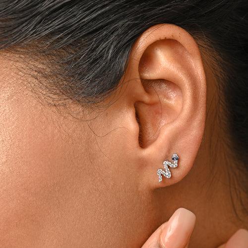 CLARA 925 Sterling Silver Snake small Studs Earrings Rhodium Plated, Swiss Zirconia Gift for Women & Girls