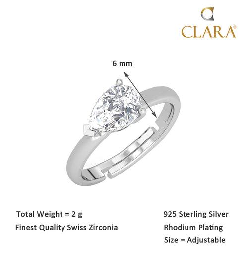 CLARA Pure 925 Sterling Silver Pear Classic Finger Ring with Adjustable Band Gift for Women Girls Wife Girlfriend Swiss Zircon Rhodium Plated