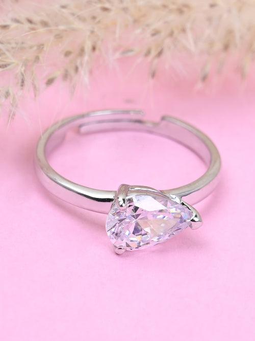 CLARA Pure 925 Sterling Silver Pear Classic Finger Ring with Adjustable Band Gift for Women Girls Wife Girlfriend Swiss Zircon Rhodium Plated