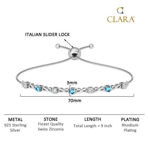 CLARA 925 Pure Silver Blue Infinity Hand Bracelet Adjustable, Anti Tarnish, Swiss Zirconia Gift for Women and Girls