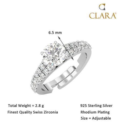 CLARA Pure 925 Sterling Silver V Solitaire Finger Ring with Adjustable Band Gift for Women Girls Wife Girlfriend Swiss Zircon Rhodium Plated