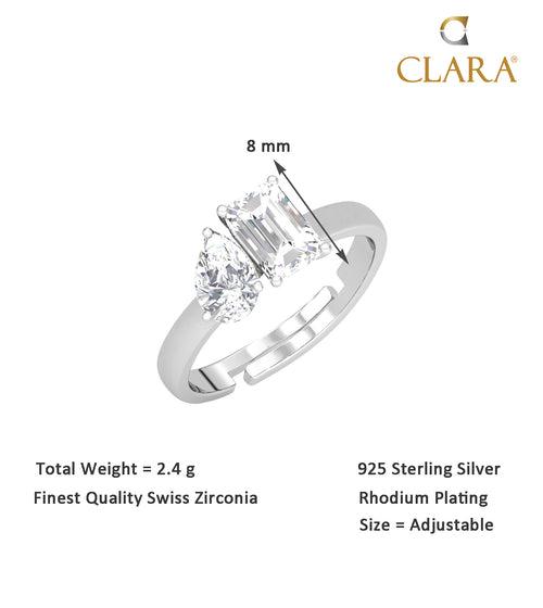 CLARA Pure 925 Sterling Silver Twins Finger Ring with Adjustable Band Gift for Women Girls Wife Girlfriend Swiss Zircon Rhodium Plated