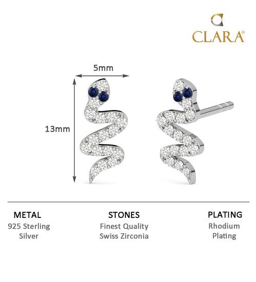 CLARA 925 Sterling Silver Snake small Studs Earrings Rhodium Plated, Swiss Zirconia Gift for Women & Girls