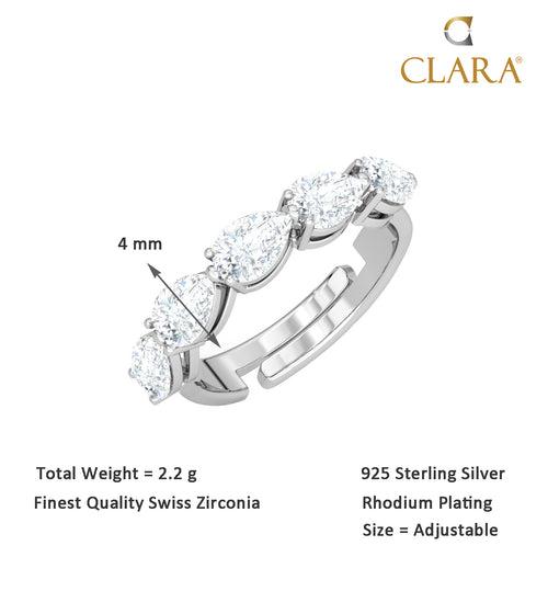 CLARA Pure 925 Sterling Silver Pear Eternity Finger Ring with Adjustable Band Gift for Women Girls Wife Girlfriend Swiss Zircon Rhodium Plated