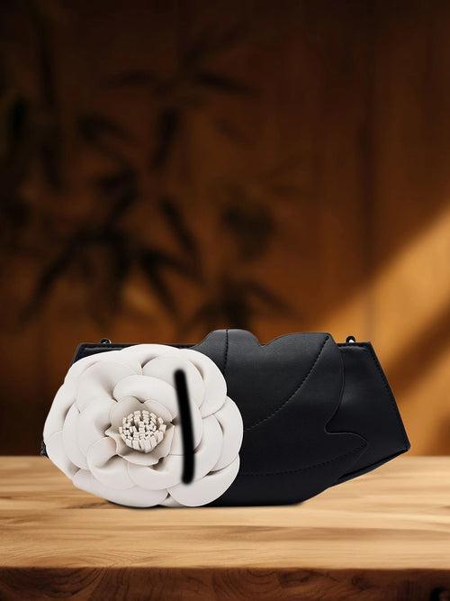 Caprese Ava 3D Flower Clutch Bag Medium Black - Perfect for Celebrations & Glam Parties