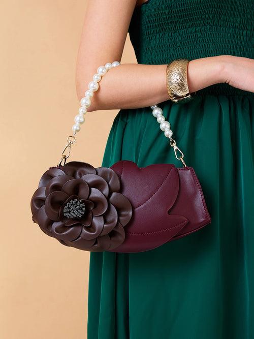 Caprese Ava 3D Flower Clutch Bag Medium Bordeaux - Perfect for Celebrations & Glam Parties