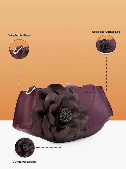 Caprese Ava 3D Flower Clutch Bag Medium Bordeaux - Perfect for Celebrations & Glam Parties