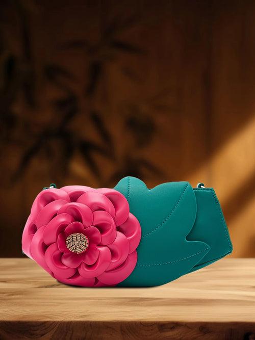 Caprese Ava 3D Flower Clutch Bag Medium Green - Perfect for Celebrations & Glam Parties