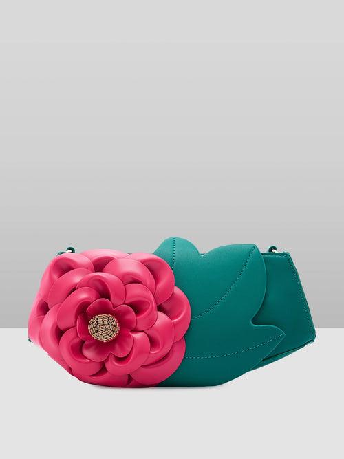 Caprese Ava 3D Flower Clutch Bag Medium Green - Perfect for Celebrations & Glam Parties