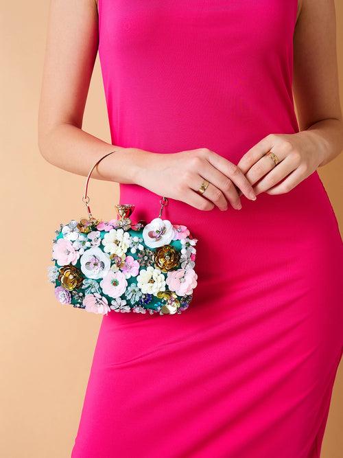 Caprese Ava Floral Clutch Box Small Dark Green - Stylish Bag for Festive Events