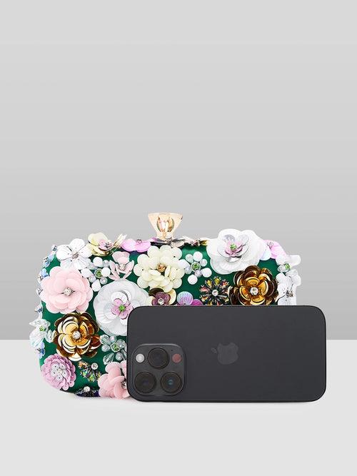 Caprese Ava Floral Clutch Box Small Dark Green - Stylish Bag for Festive Events