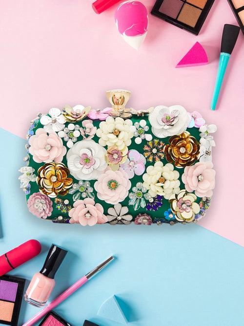 Caprese Ava Floral Clutch Box Small Dark Green - Stylish Bag for Festive Events