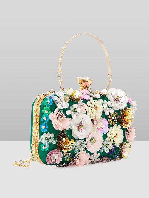 Caprese Ava Floral Clutch Box Small Dark Green - Stylish Bag for Festive Events