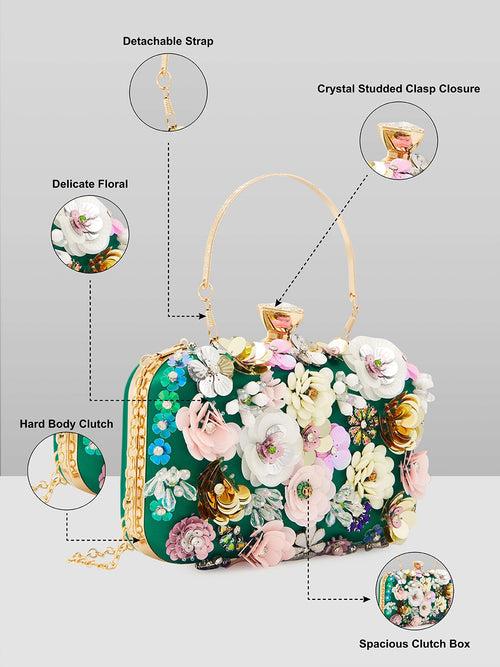 Caprese Ava Floral Clutch Box Small Dark Green - Stylish Bag for Festive Events