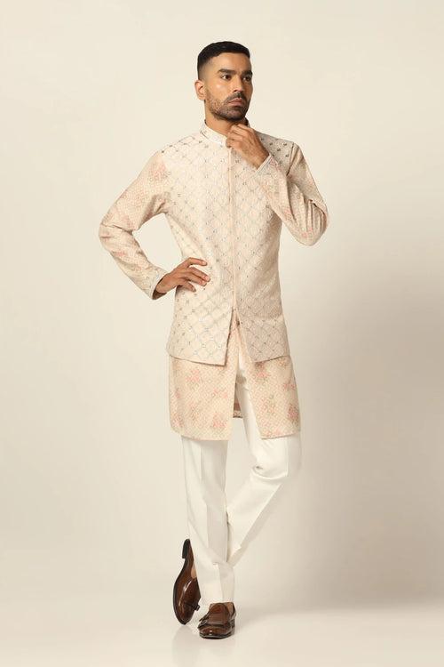 Peach Nehru Jacket set embroidery