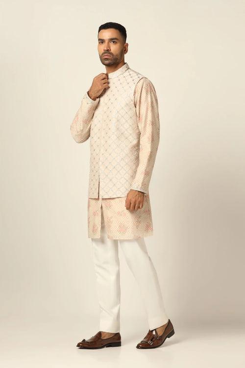 Peach Nehru Jacket set embroidery