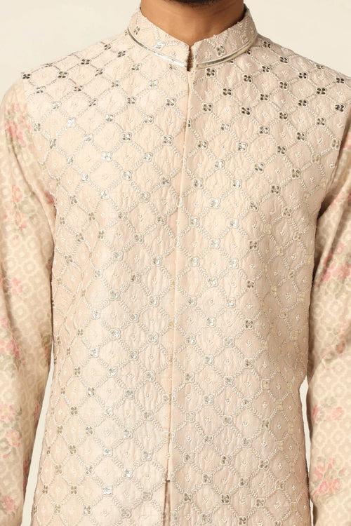 Peach Nehru Jacket set embroidery