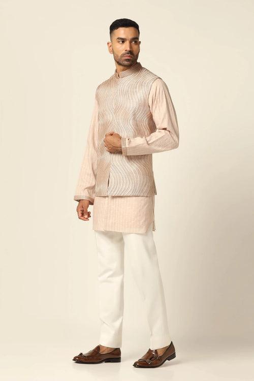 Peach embroidered Nehru jacket set