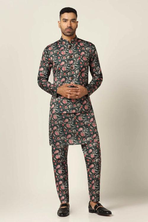 Green Nehru set with floral print