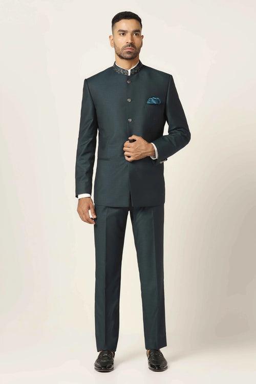 Green Textured Bandhgala Suit