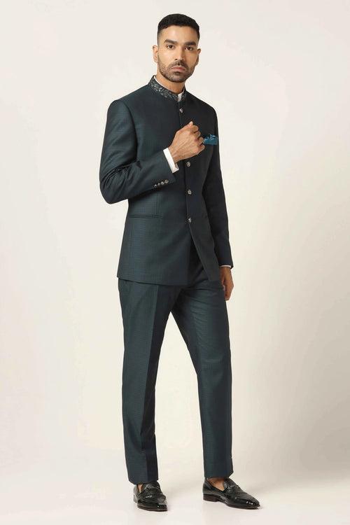 Green Textured Bandhgala Suit