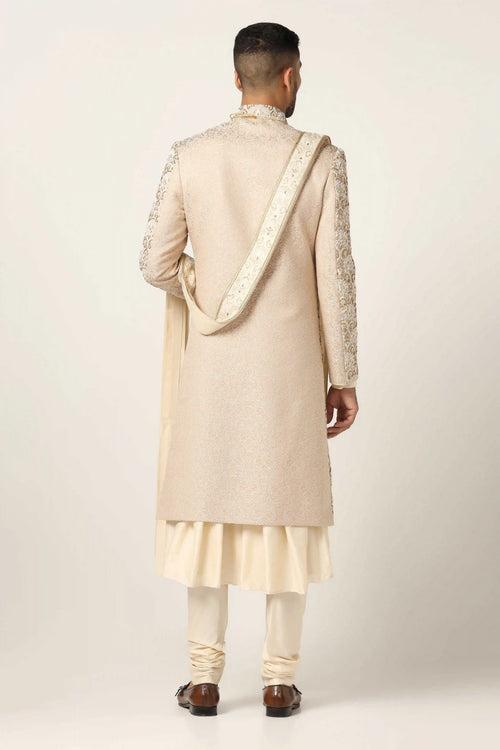 Beige Sherwani with Geometric embroidery