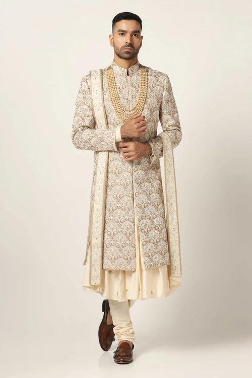 Beige Sherwani with Geometric embroidery