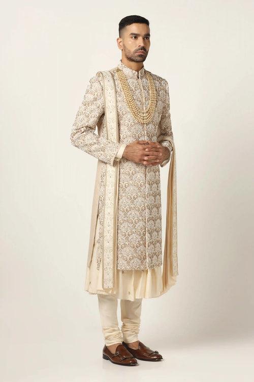 Beige Sherwani with Geometric embroidery