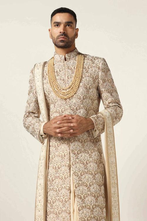 Beige Sherwani with Geometric embroidery