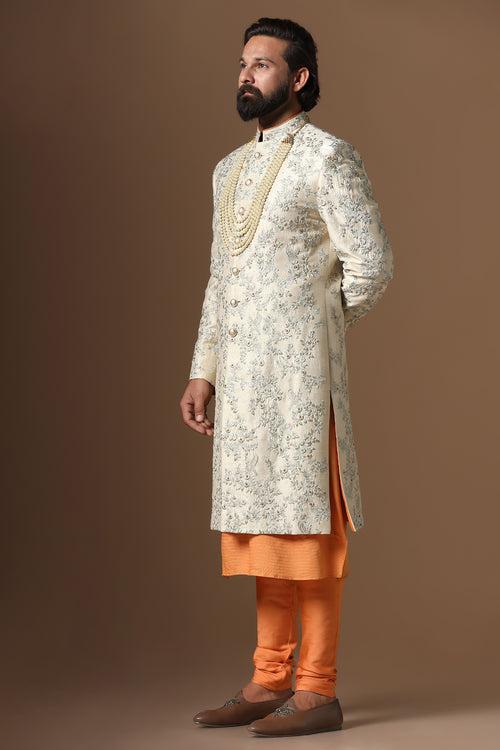 Beige Floral Embroidered Sherwani