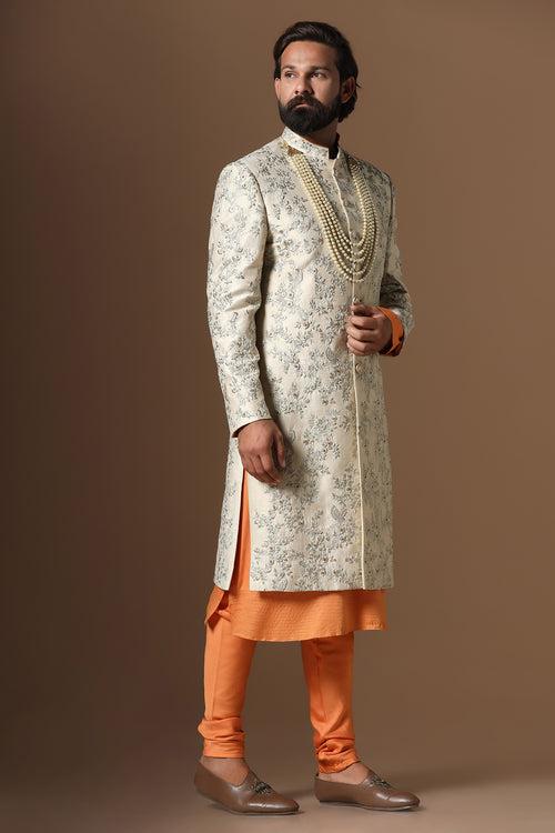 Beige Floral Embroidered Sherwani