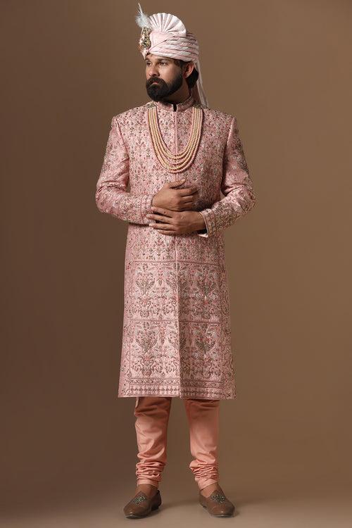 Peach Embroidered Sherwani