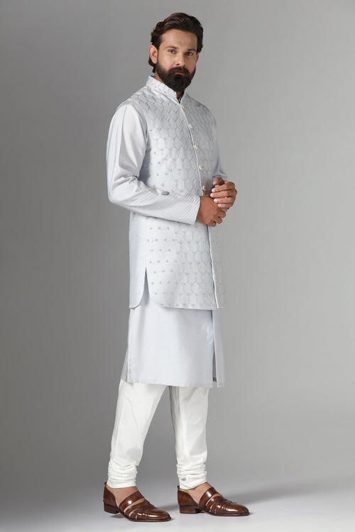 Light Grey Embroidered Nehru Jacket