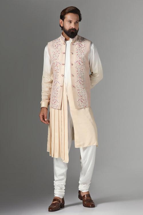 Embroidered Light Peach Nehru Jacket Set