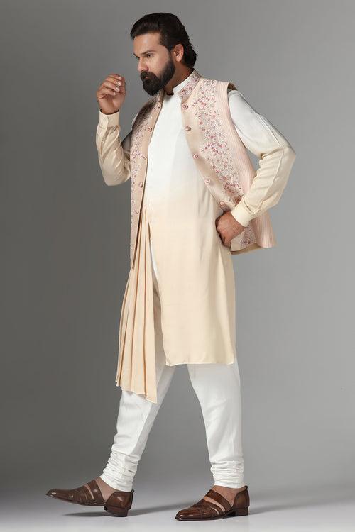 Embroidered Light Peach Nehru Jacket Set