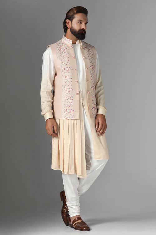 Embroidered Light Peach Nehru Jacket Set