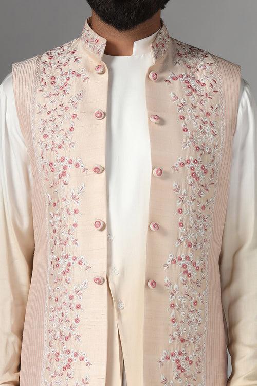 Embroidered Light Peach Nehru Jacket Set