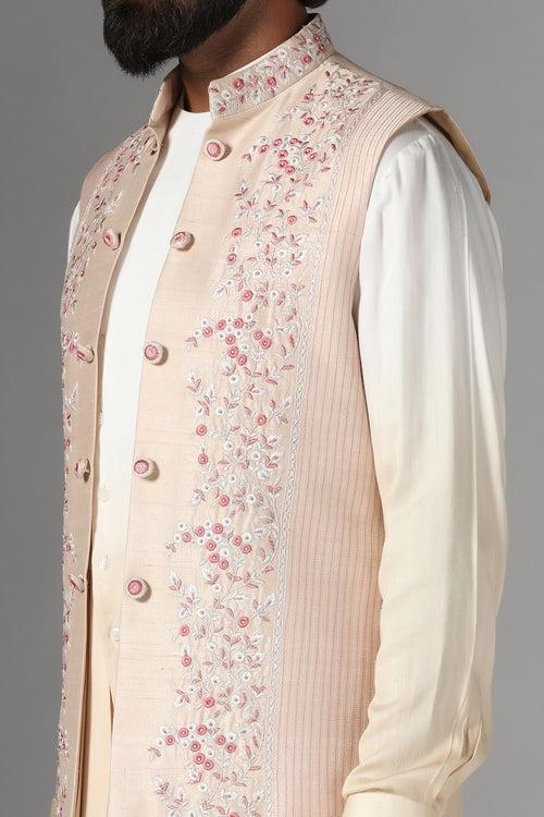 Embroidered Light Peach Nehru Jacket Set