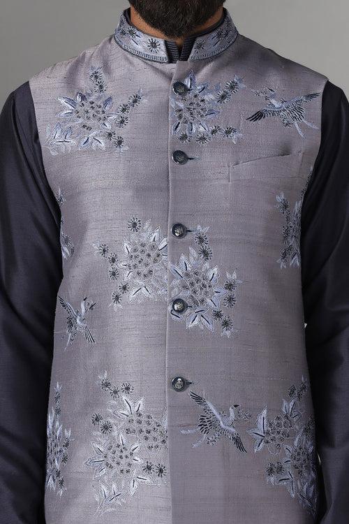 Grey Embroidered Nehru Jacket
