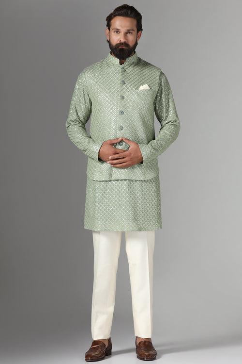 Green Embroidered Nehru Jacket