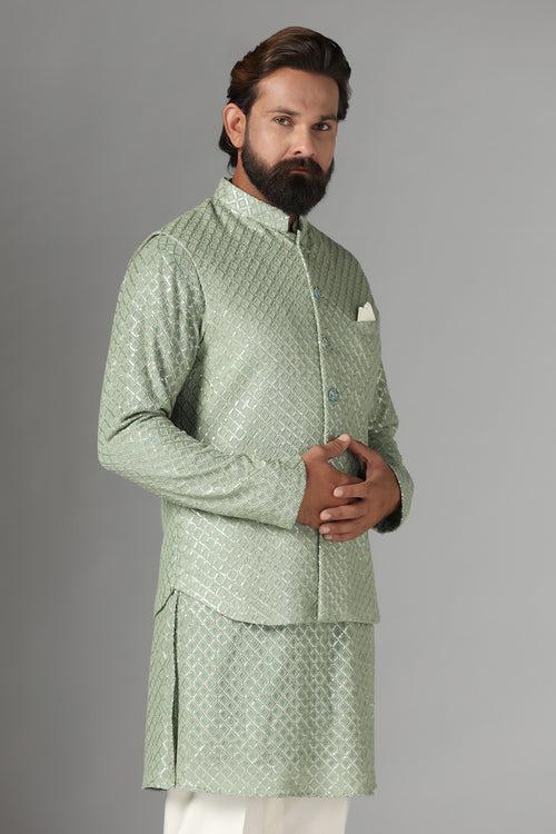 Green Embroidered Nehru Jacket