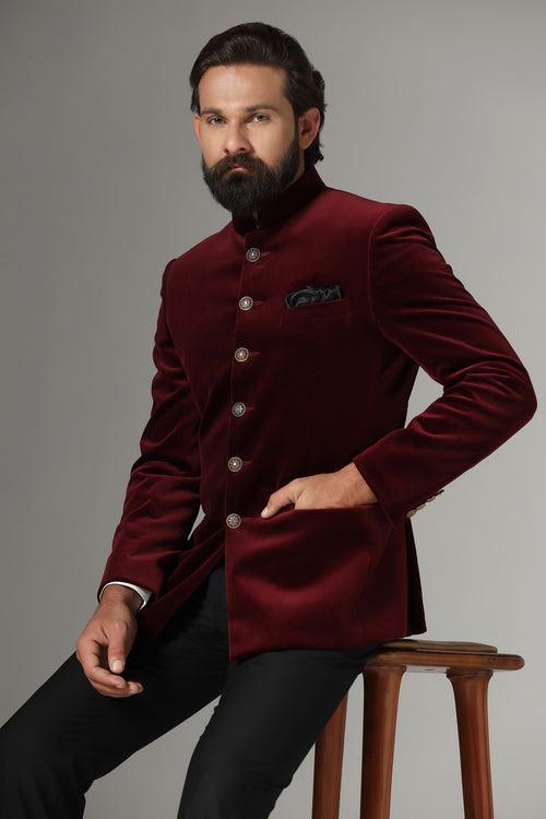 Velvet Maroon Bandhgala suit