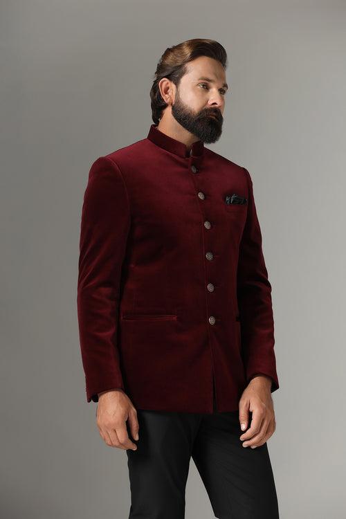 Velvet Maroon Bandhgala suit