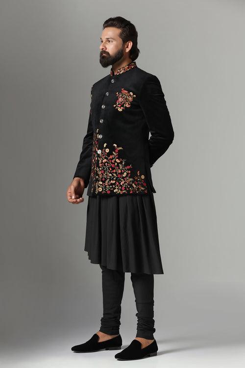 Black Velvet Embroidered Bandhgala Suit